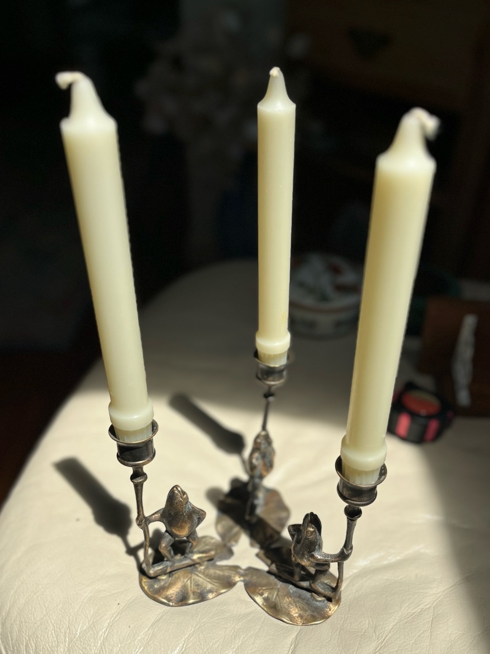 Vintage Whimsical Brass Frog Candle Holders Trio circle. 
Rare find!